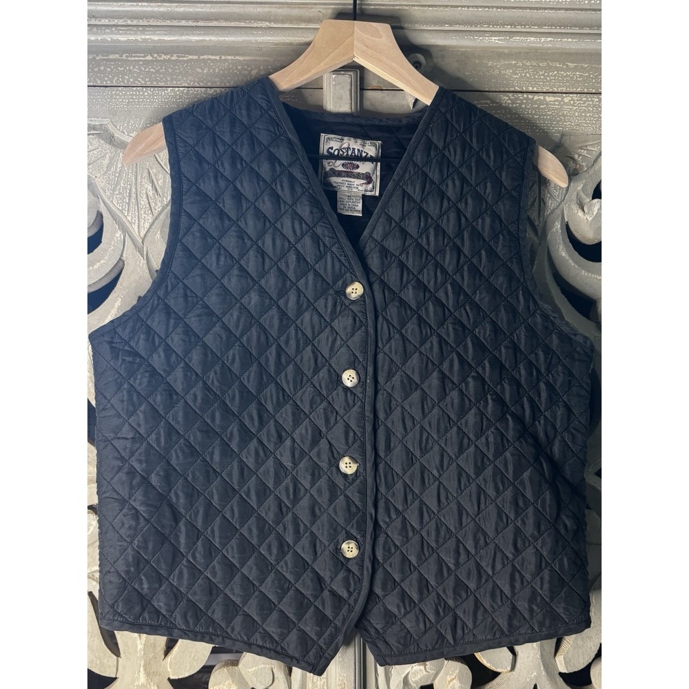 Sostanza Navy 100% Silk Quilted Vest Women's Medium Button Front Vintage Style